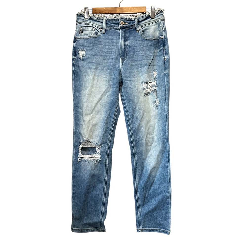 Kancan Distressed High Rise Straight Leg Jeans Blue Denim Frayed Hem Womens